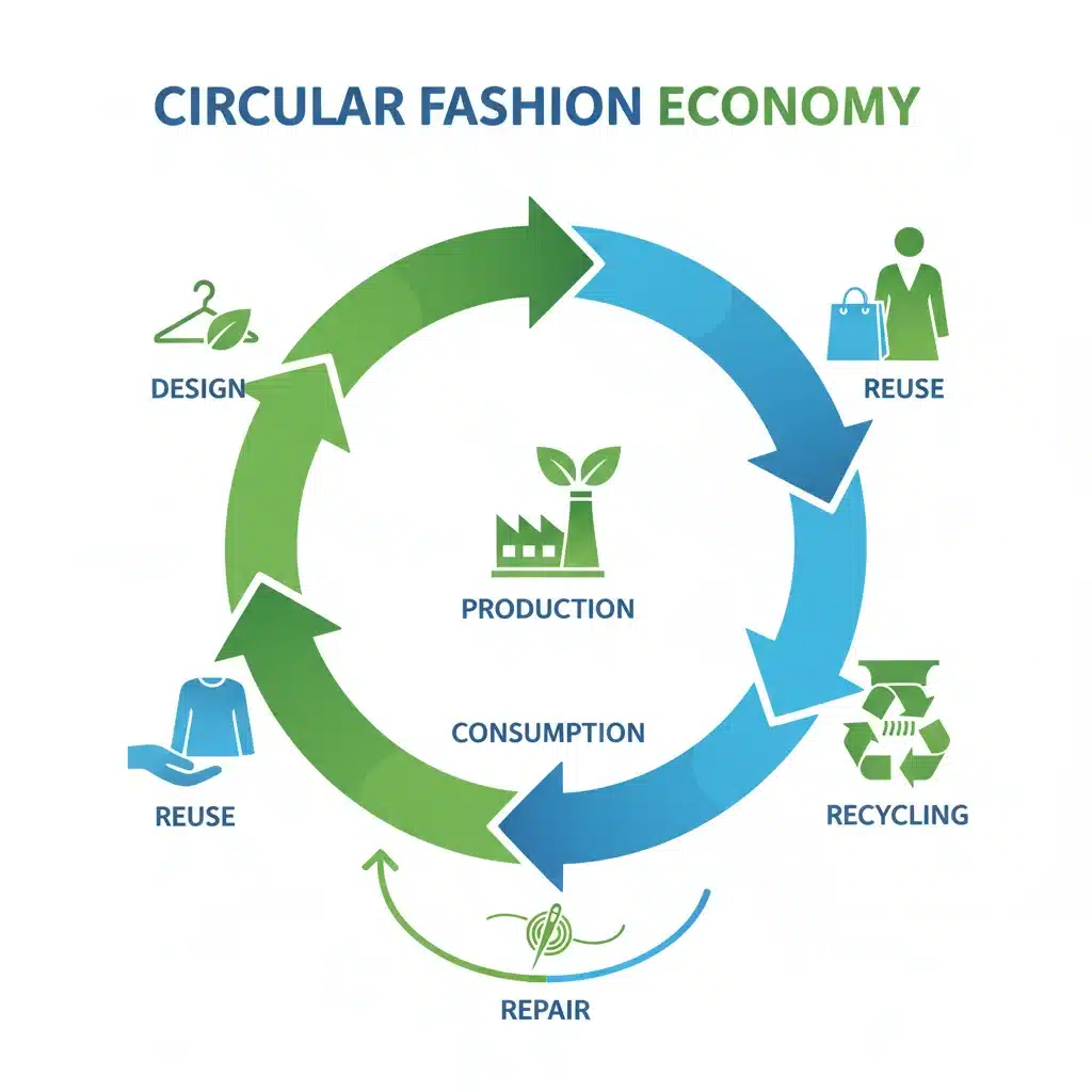 Infografía detallada sobre la economía circular en la moda, mostrando el ciclo completo desde el diseño hasta el reciclaje y la reutilización.