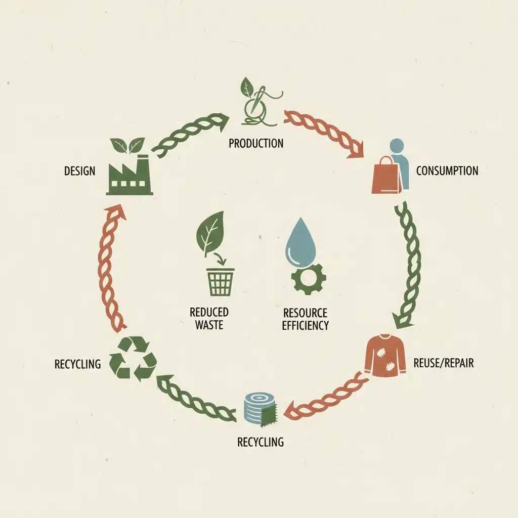 Infografía de economía circular textil, mostrando el ciclo de vida sostenible de prendas y recursos.