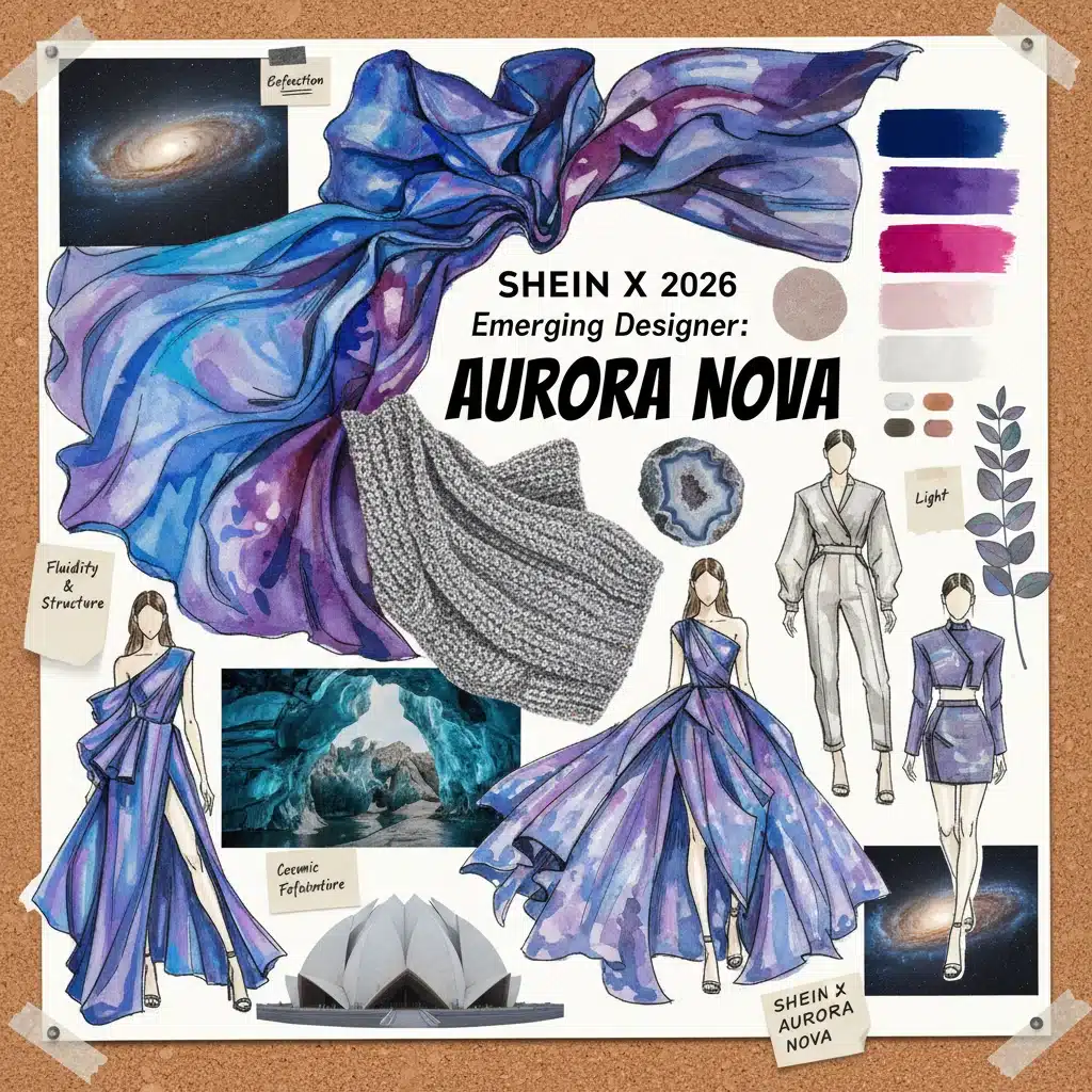 Panel de inspiración de un diseñador emergente de Shein X 2026 con bocetos y texturas