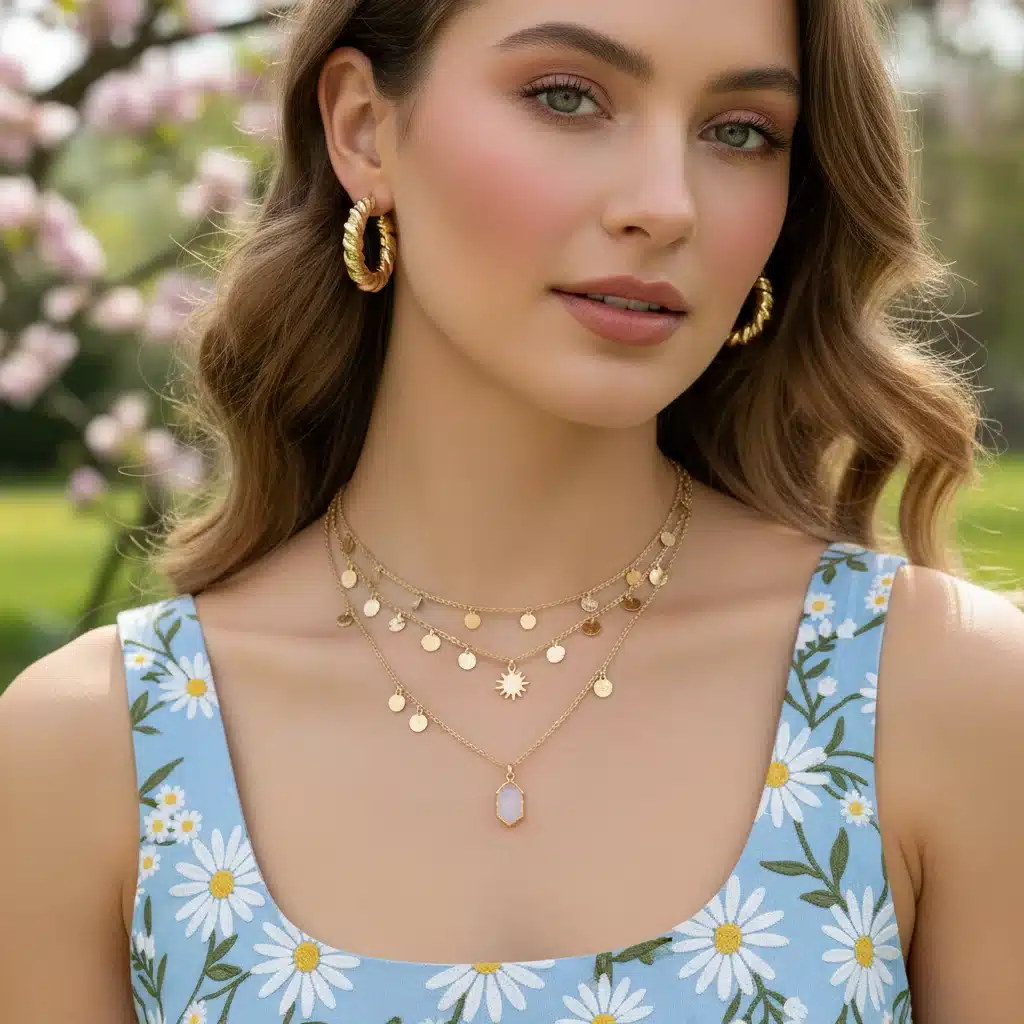 Modelo luciendo un collar dorado en capas y pendientes de aro gruesos de SHEIN, ideales para primavera.