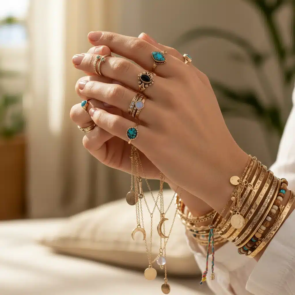 Detalle de manos con anillos, collares y pulseras de Shein en tendencia