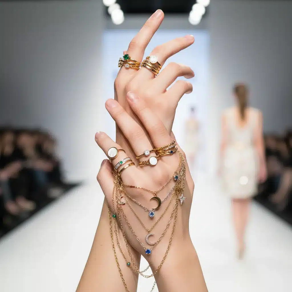 Manos con collares y anillos apilables de SHEIN, mostrando la tendencia de capas en joyería.