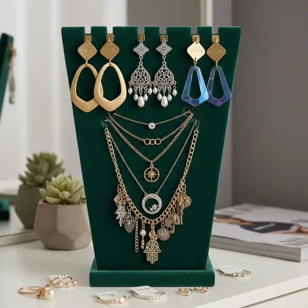 Pendientes llamativos y collares superpuestos de SHEIN exhibidos en un soporte de joyería de terciopelo.