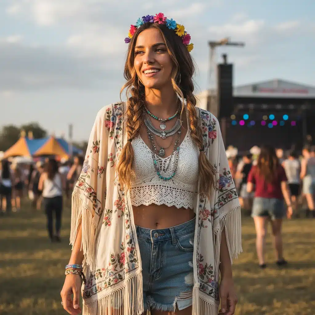 Mujer con look bohemio chic de SHEIN en un festival, con kimono y accesorios.