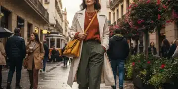 Mujer con look de capas SHEIN en calle de ciudad española, clima cambiante 2026