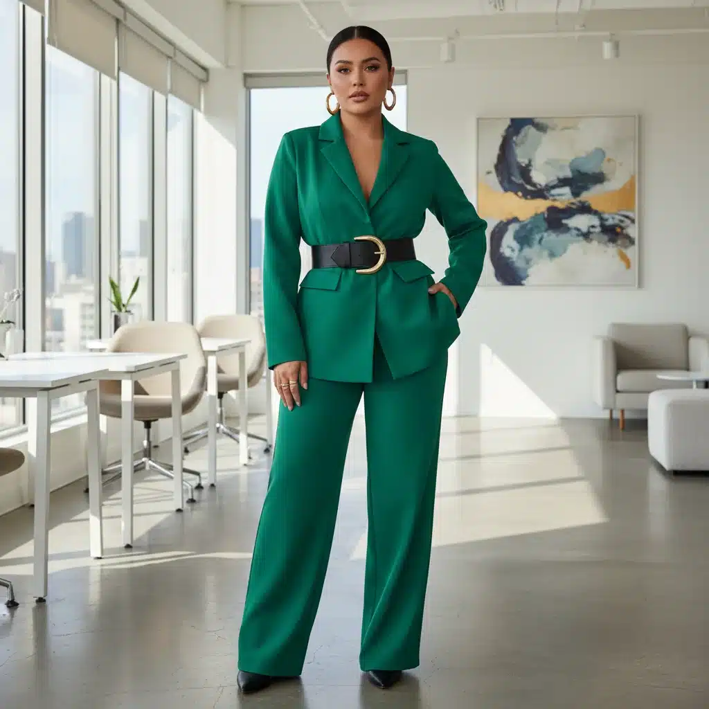 Mujer con figura reloj de arena luciendo blazer y pantalones anchos Shein, realzando su cintura con un cinturón.