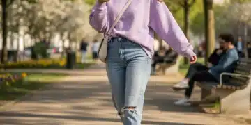 Looks Shein Fin de Semana 2026: Comodidad y Estilo en Tendencia Mujer joven con look Shein cómodo de fin de semana 2026, sudadera pastel, jeans y zapatillas blancas