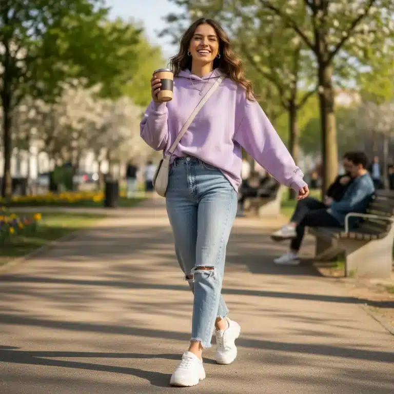 Mujer joven con look Shein cómodo de fin de semana 2026, sudadera pastel, jeans y zapatillas blancas