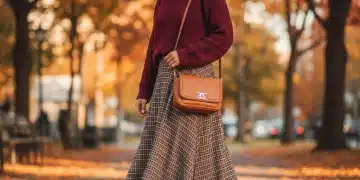 Mujer joven con look Shein de otoño 2026, jersey burdeos, falda cuadros y botas