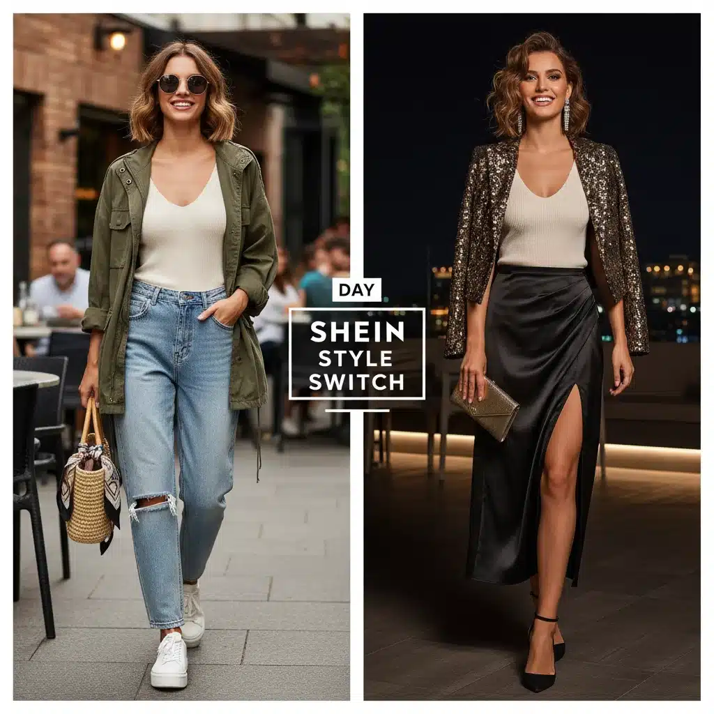 Transformación de looks SHEIN: de día a noche con prendas básicas.