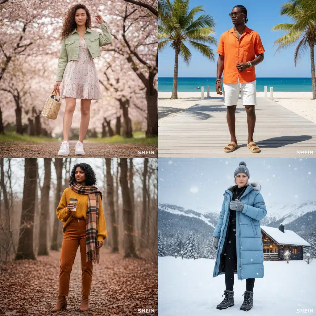 Collage de cuatro looks de Shein para cada estación: primavera, verano, otoño e invierno, mostrando versatilidad y moda asequible.