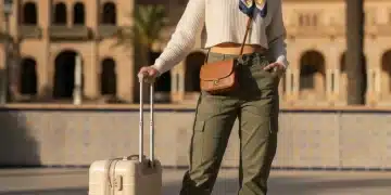 Mujer joven con look Shein de viaje, maleta en mano, posando frente a un monumento histórico español bajo el sol.