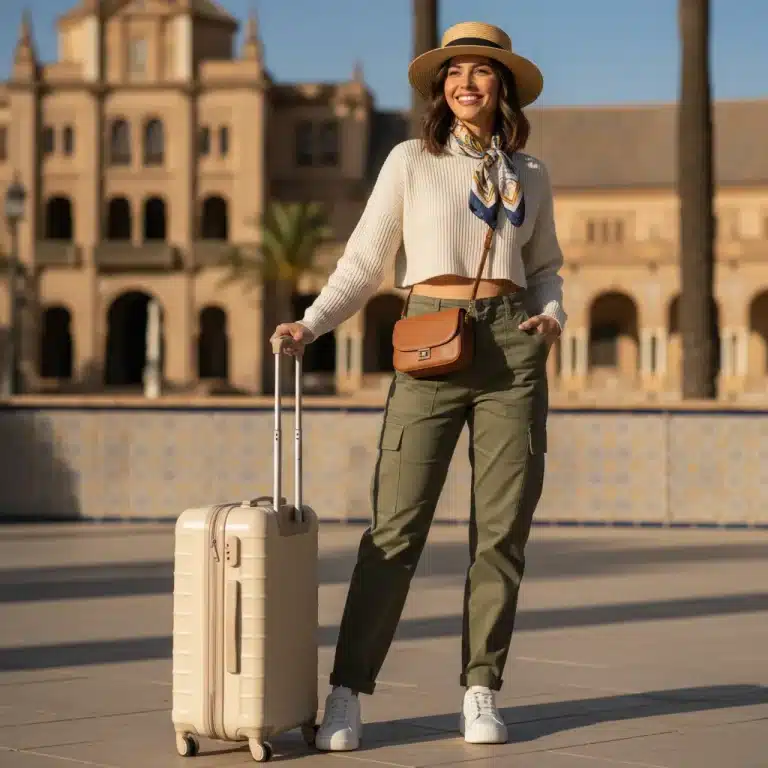 Mujer joven con look Shein de viaje, maleta en mano, posando frente a un monumento histórico español bajo el sol.