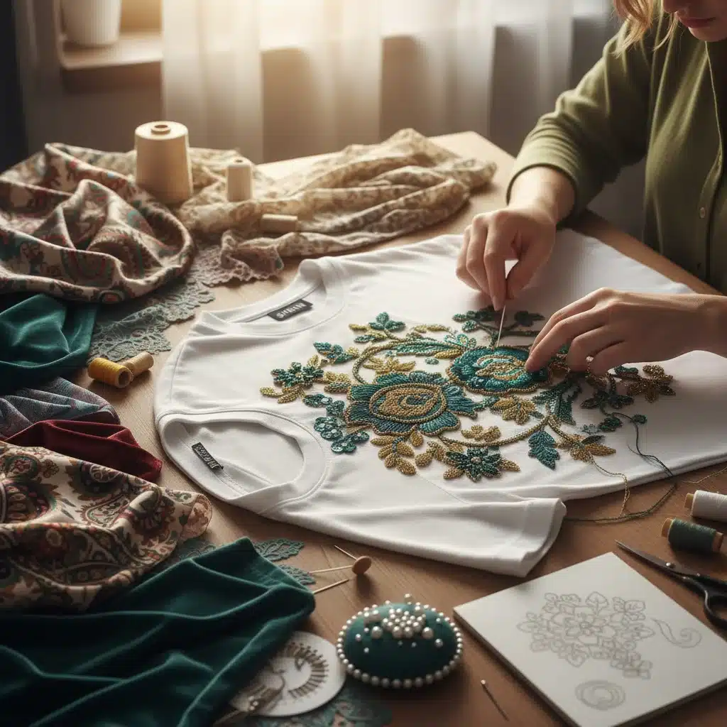 Manos cosiendo detalles intrincados en una camiseta SHEIN para transformarla.