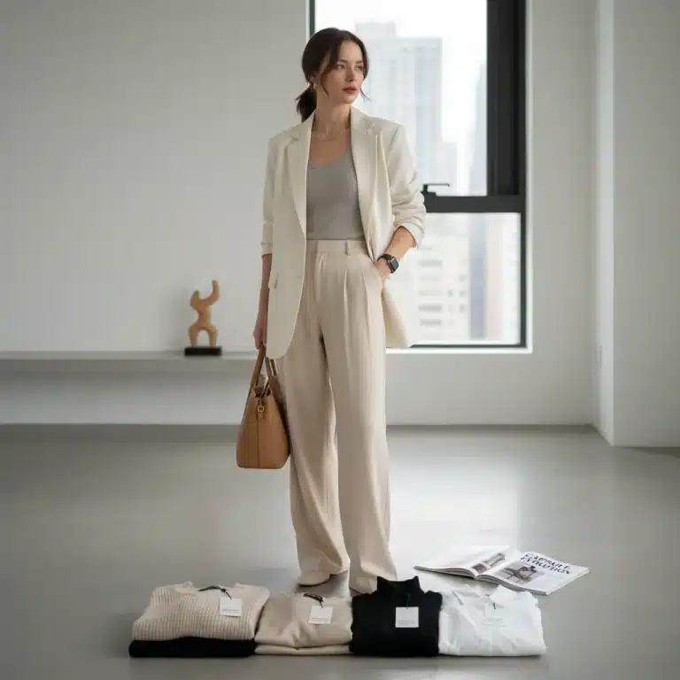 Mujer elegante combinando prendas SHEIN en un armario cápsula moderno para las tendencias de moda 2026.