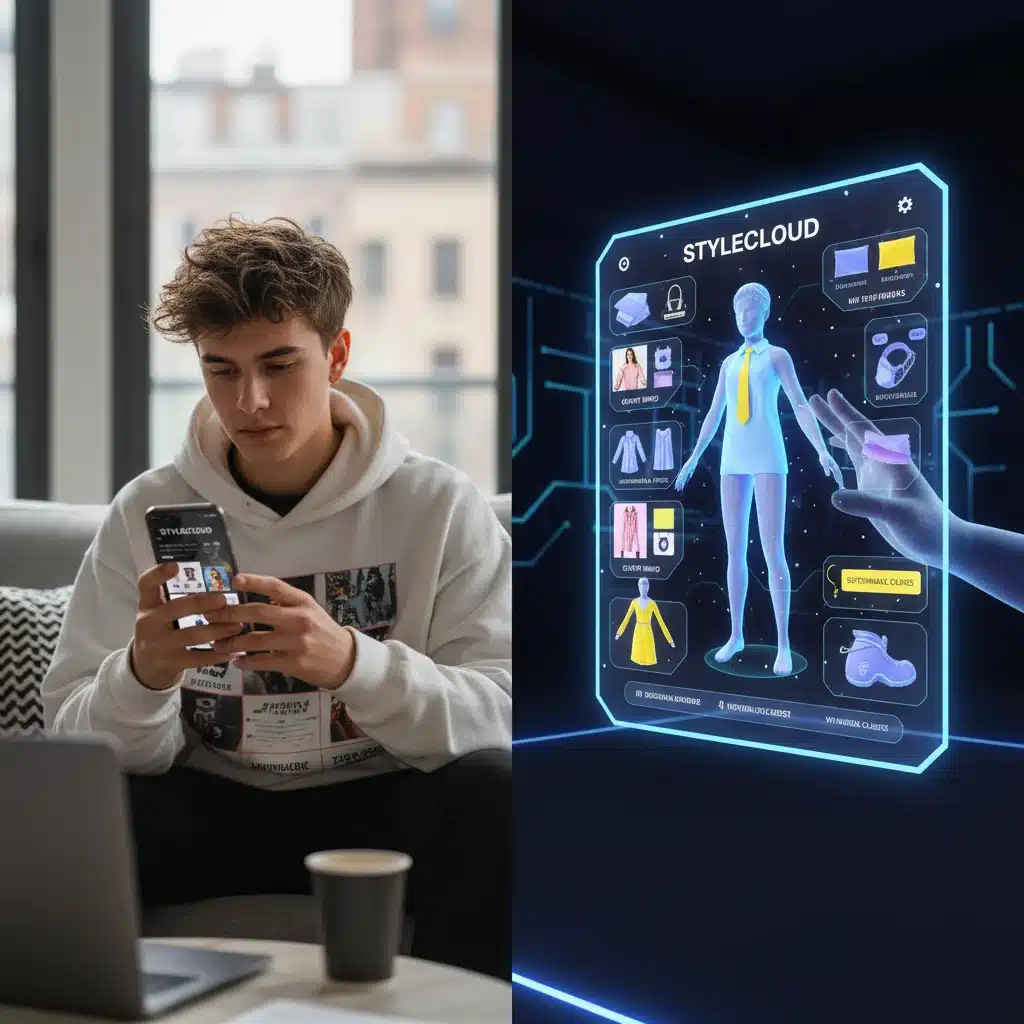 Joven interactuando con una aplicación de moda en su smartphone, con un mood board digital o prueba virtual de ropa, ilustrando la influencia digital.