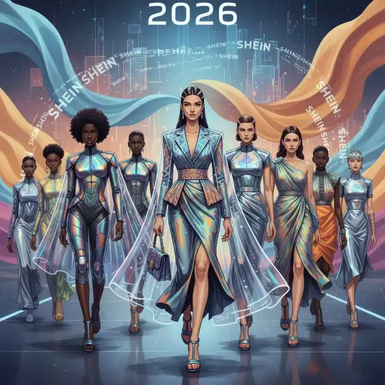 Modelos con ropa SHEIN 2026, destacando la diversidad de tejidos y estilos en un entorno futurista.