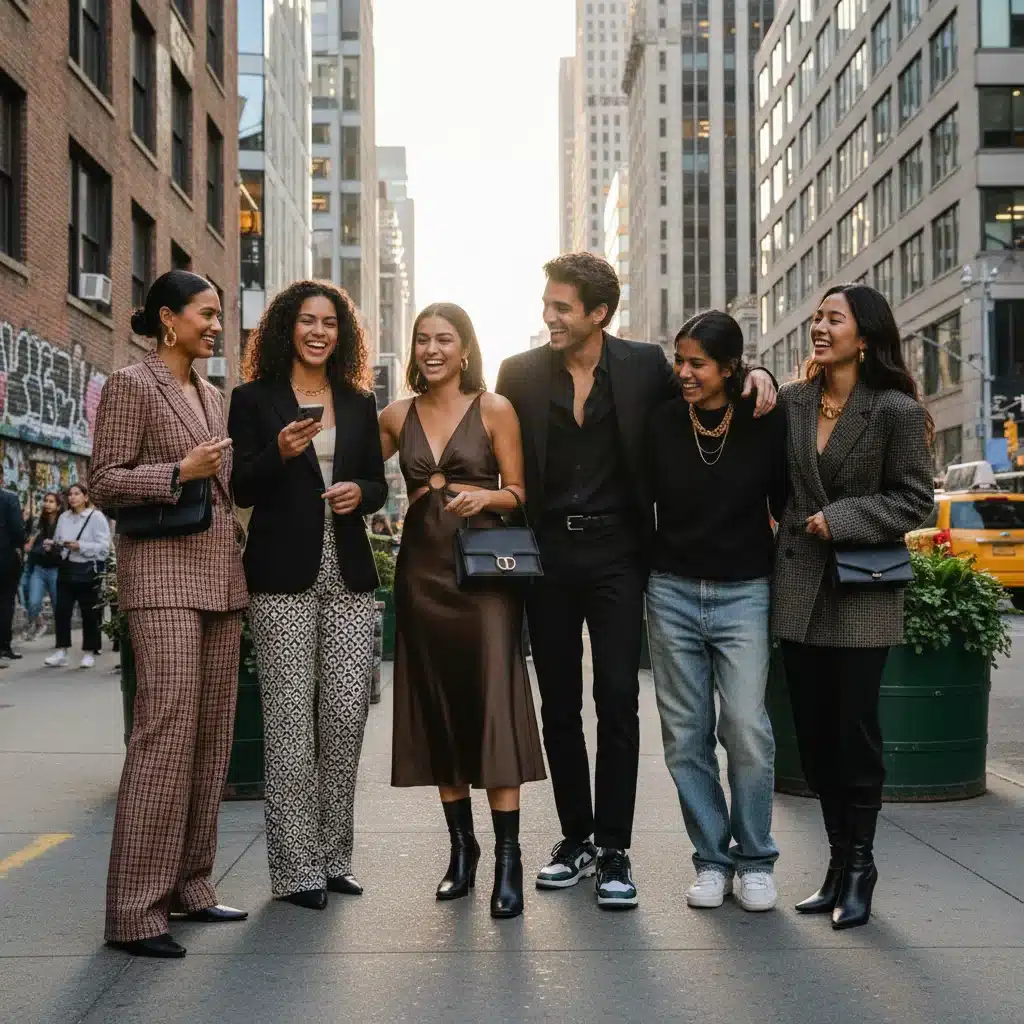 Grupo de jóvenes vistiendo ropa SHEIN Premium en un entorno urbano.