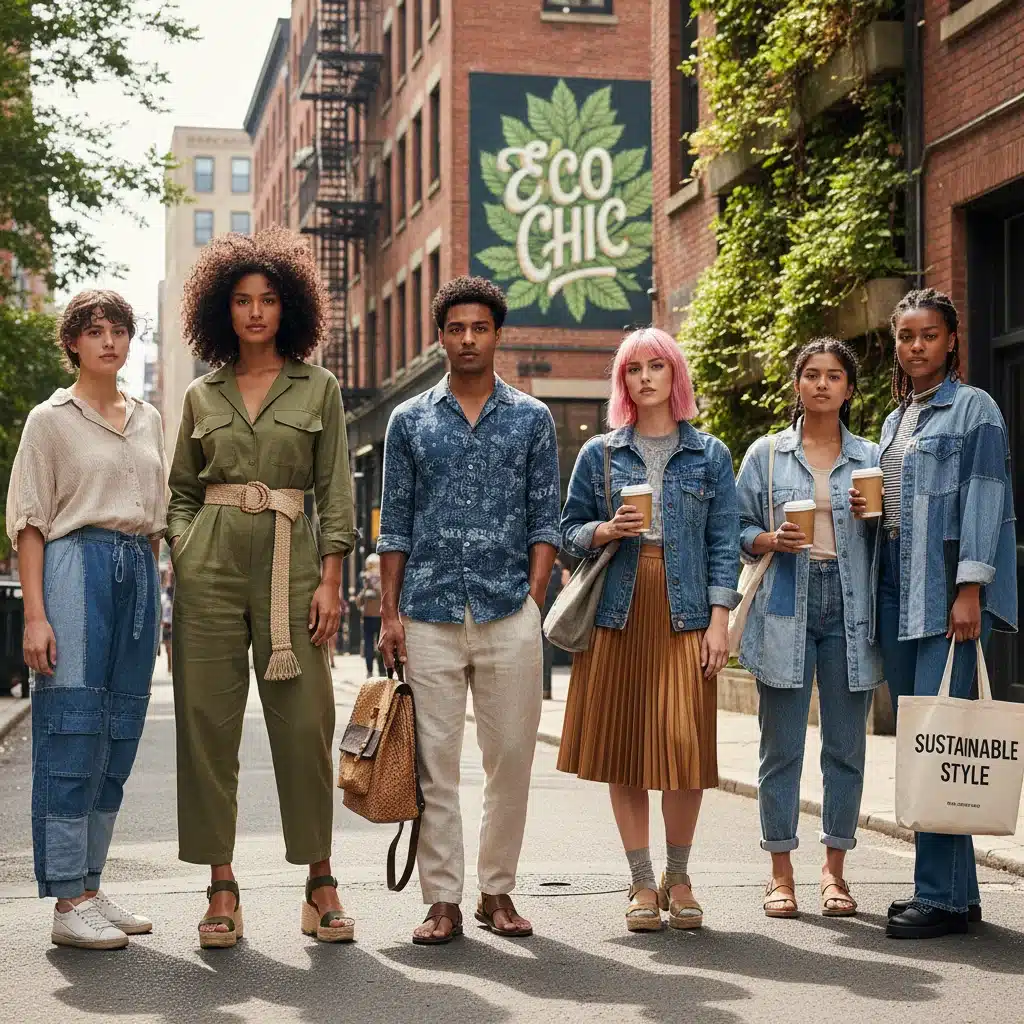 Jóvenes diversos vistiendo ropa de moda hecha con materiales sostenibles en un entorno urbano, mostrando estilo y accesibilidad.