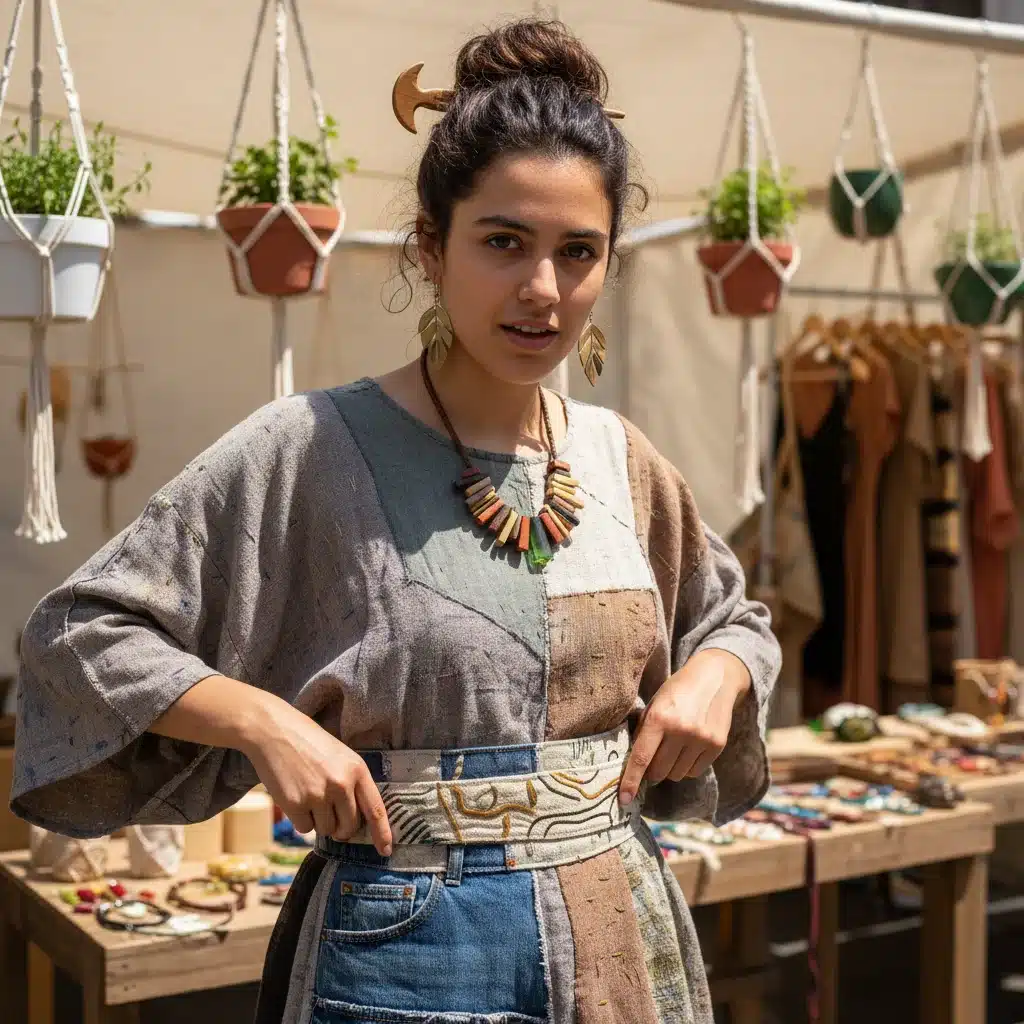 Joven de la Generación Z personalizando ropa con accesorios sostenibles, mostrando creatividad y conciencia ecológica.