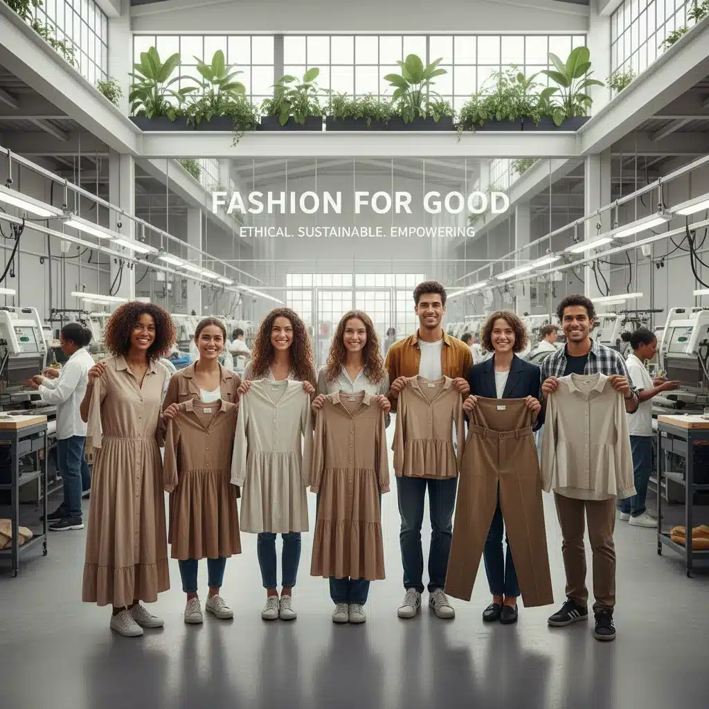 Jóvenes diversos mostrando ropa de tejidos sostenibles en una fábrica moderna, reflejando el impacto positivo de SHEIN Green.