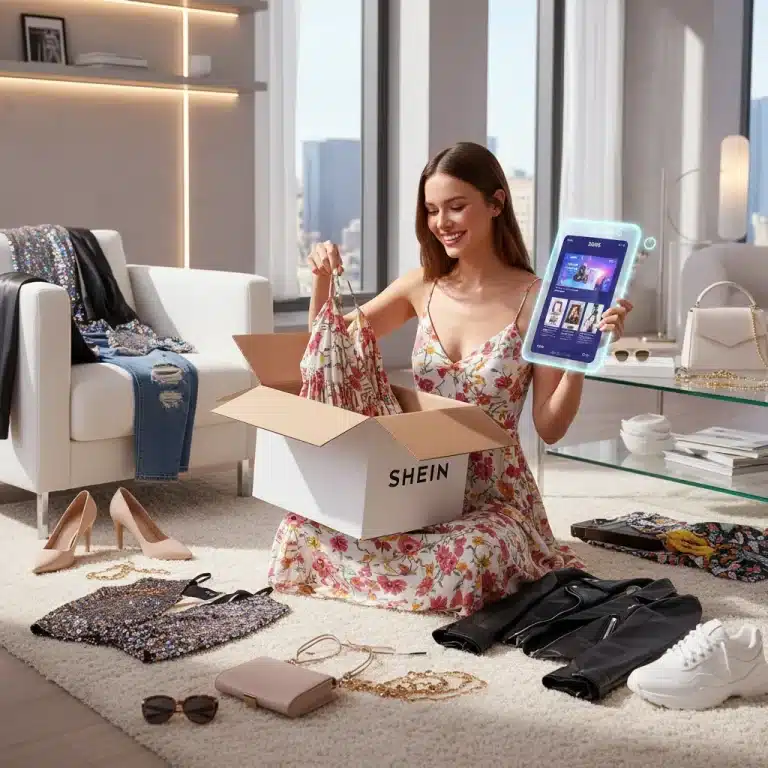 Mujer feliz abriendo paquete de SHEIN con ropa de moda y accesorios