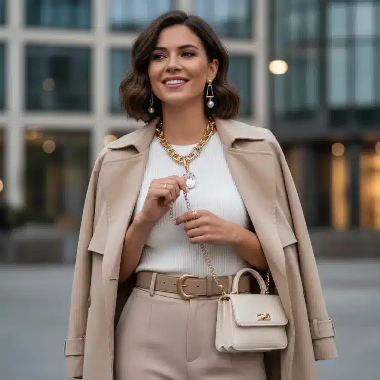 Mujer elegante mostrando accesorios Shein de moda para 2026, con un estilo sofisticado y moderno.