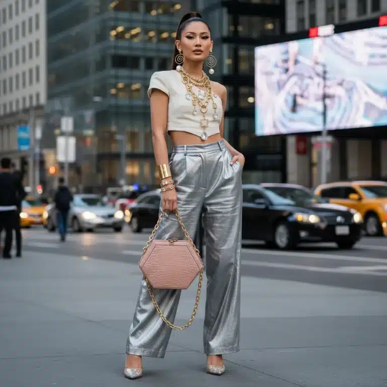 Mujer elegante con accesorios SHEIN de moda para 2026, destacando un collar llamativo y un bolso chic.