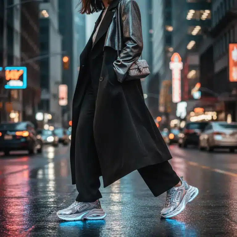 Mujer elegante caminando con calzado SHEIN de moda en una calle urbana, destacando las tendencias de 2026.