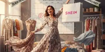 Mujer feliz con bolsa de compras SHEIN y calendario de ofertas de octubre 2026