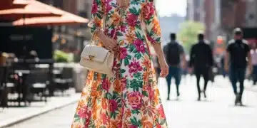 Mujer elegante con un vestido floral de SHEIN, destacando accesorios como collares en capas y un bolso de diseño, caminando en un entorno urbano.