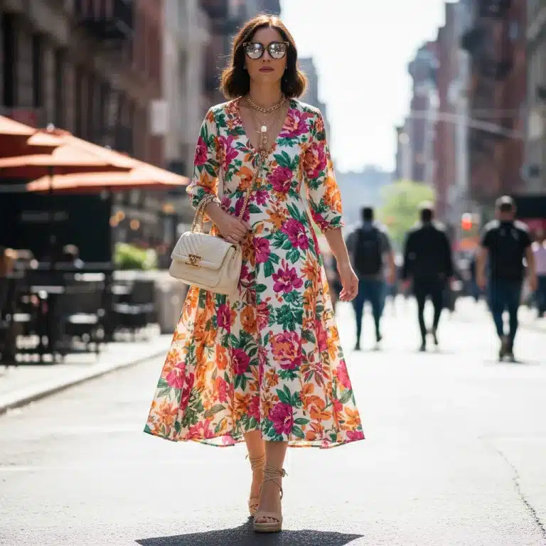 Mujer elegante con un vestido floral de SHEIN, destacando accesorios como collares en capas y un bolso de diseño, caminando en un entorno urbano.