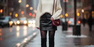 Mujer joven con estilo llevando un suéter de punto oversize y una minifalda negra en un entorno urbano invernal, demostrando versatilidad de moda.