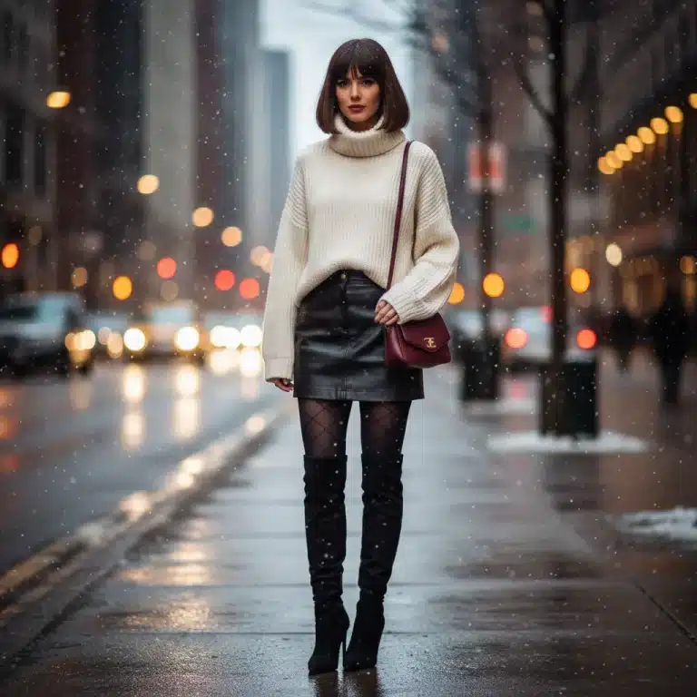 Mujer joven con estilo llevando un suéter de punto oversize y una minifalda negra en un entorno urbano invernal, demostrando versatilidad de moda.