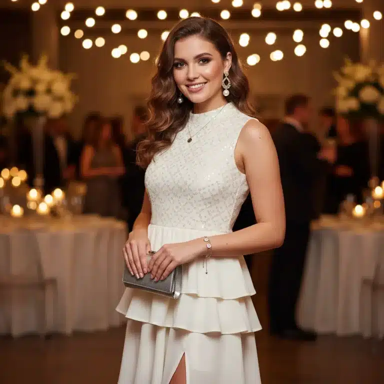 Mujer luciendo un elegante look de fiesta Shein 2026, sonriendo y con accesorios modernos.