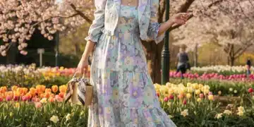 Mujer con look de primavera Shein, sonriendo en un jardín floral, representando la moda económica y estilosa para 2026.