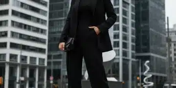 Mujer elegante con look monocromático negro de SHEIN en entorno urbano