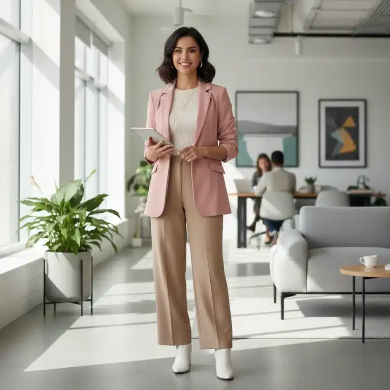Mujer profesional con look de oficina Shein elegante y moderno para 2026, sonriendo en un entorno de trabajo contemporáneo.