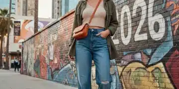 Mujer joven con estilo, vestida con ropa de Shein, sonriendo en un entorno urbano con elementos que sugieren el año 2026 y compras inteligentes.