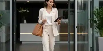Mujer joven con un traje elegante de SHEIN entrando a una oficina para una entrevista de trabajo.