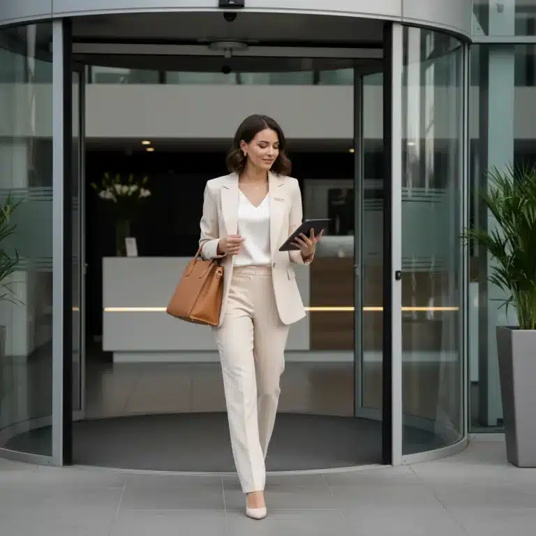 Mujer joven con un traje elegante de SHEIN entrando a una oficina para una entrevista de trabajo.