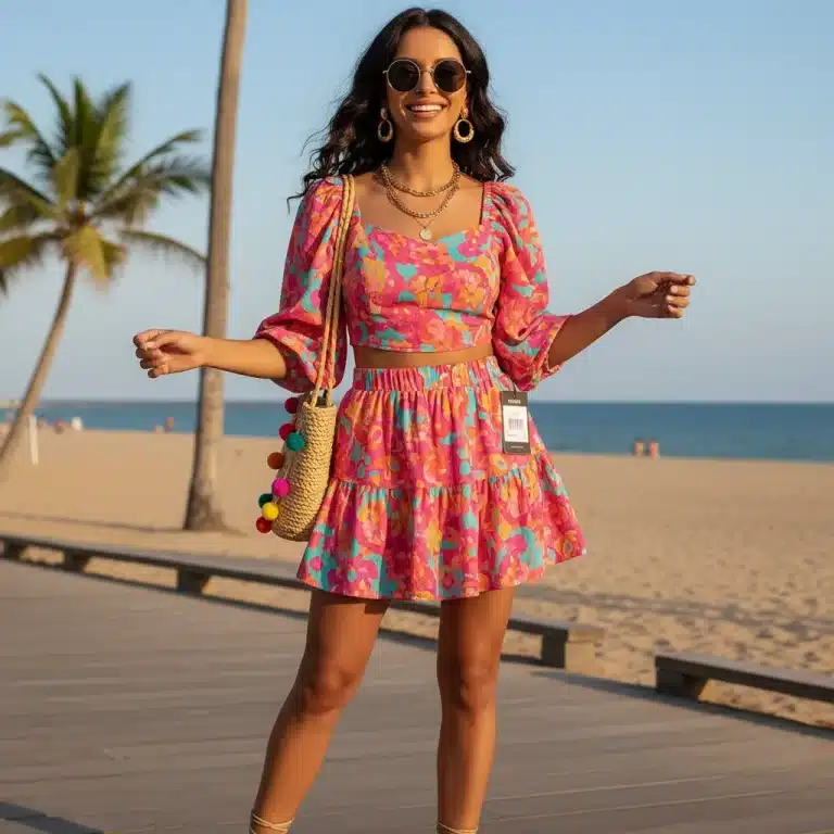 Mujer joven con un look veraniego moderno de Shein, sonriendo y posando con confianza en un entorno soleado, simbolizando estilo y ahorro.