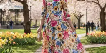 Mujer elegante con vestido floral SHEIN para evento de primavera 2026