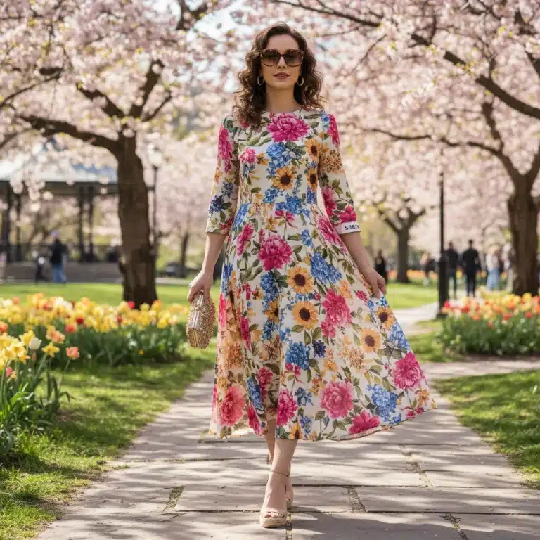 Mujer elegante con vestido floral SHEIN para evento de primavera 2026