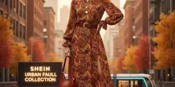 Mujer joven con un vestido maxi SHEIN de moda, posando en un entorno urbano otoñal, representando las tendencias de finales de 2026.