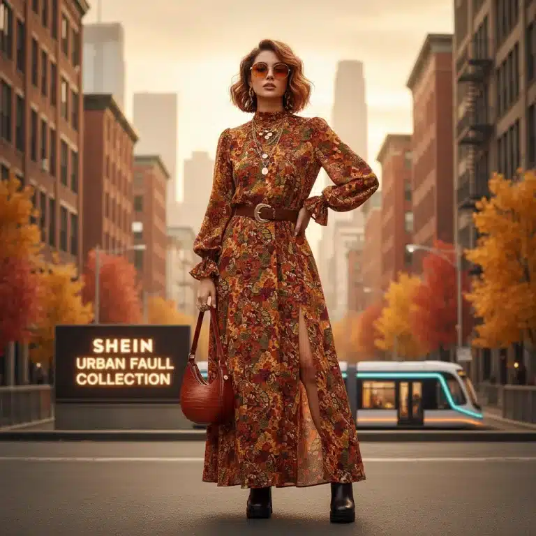 Mujer joven con un vestido maxi SHEIN de moda, posando en un entorno urbano otoñal, representando las tendencias de finales de 2026.