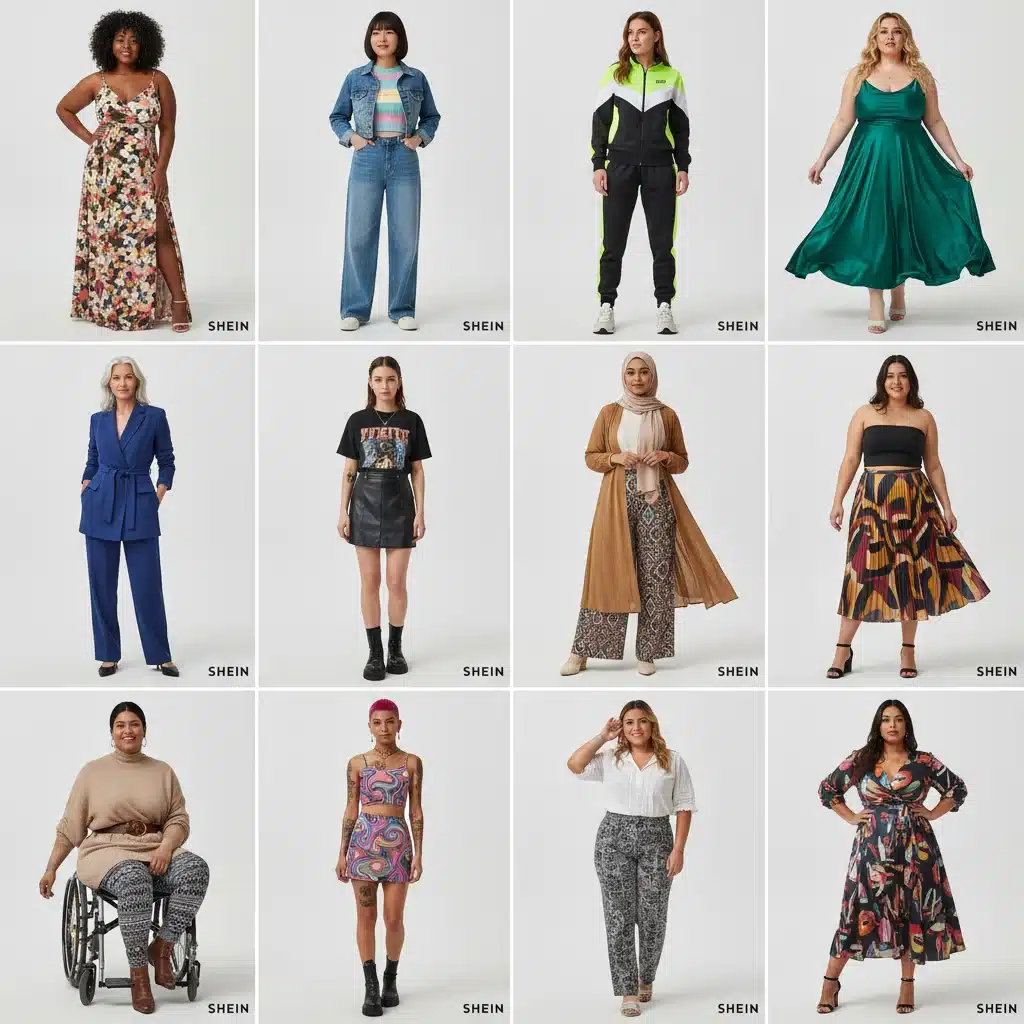 Diversidad de mujeres probándose ropa de SHEIN con diferentes estilos