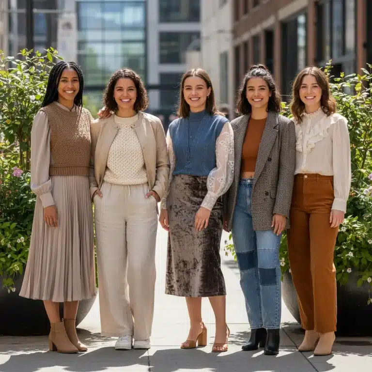 Mujeres jóvenes y elegantes luciendo ropa de SHEIN con diferentes tejidos y texturas en un entorno urbano.