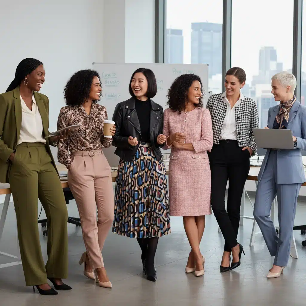 Grupo de mujeres profesionales en la oficina, luciendo diversos looks Shein, colaborando y sonriendo.