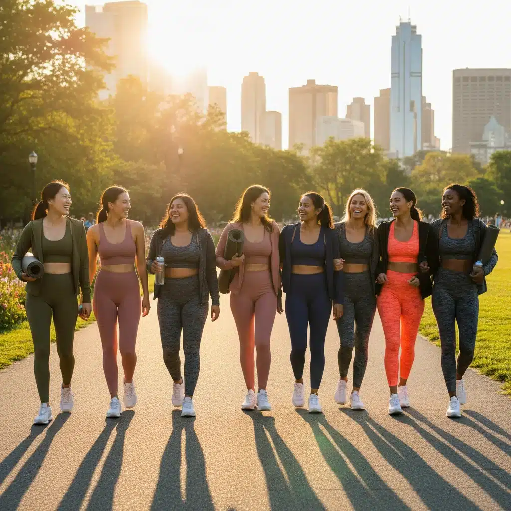 Grupo diverso de mujeres con ropa SHEIN Sport, sonriendo y caminando en un parque tras hacer ejercicio.
